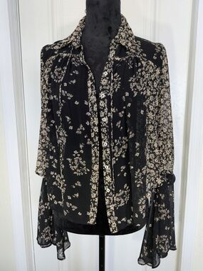 Free People Black Blouse with Cream Floral Print